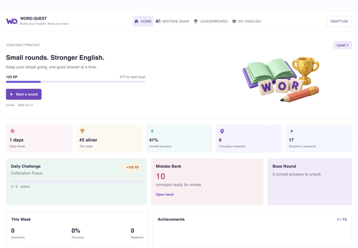 Real WordQuest dashboard with daily practice, XP, streaks and weekly league progress