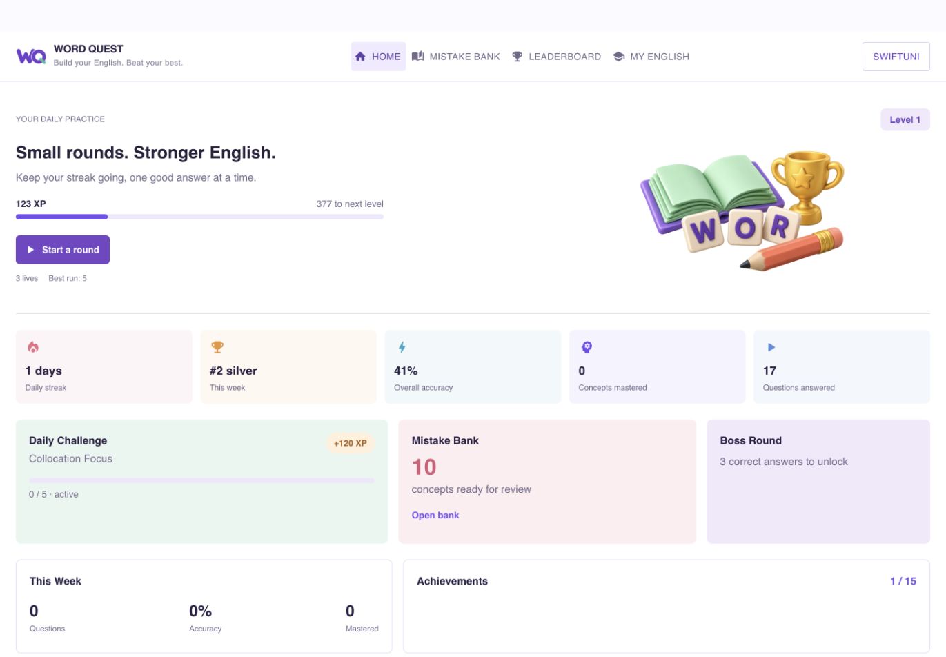 Real WordQuest dashboard with daily practice, XP, streaks and weekly league progress
