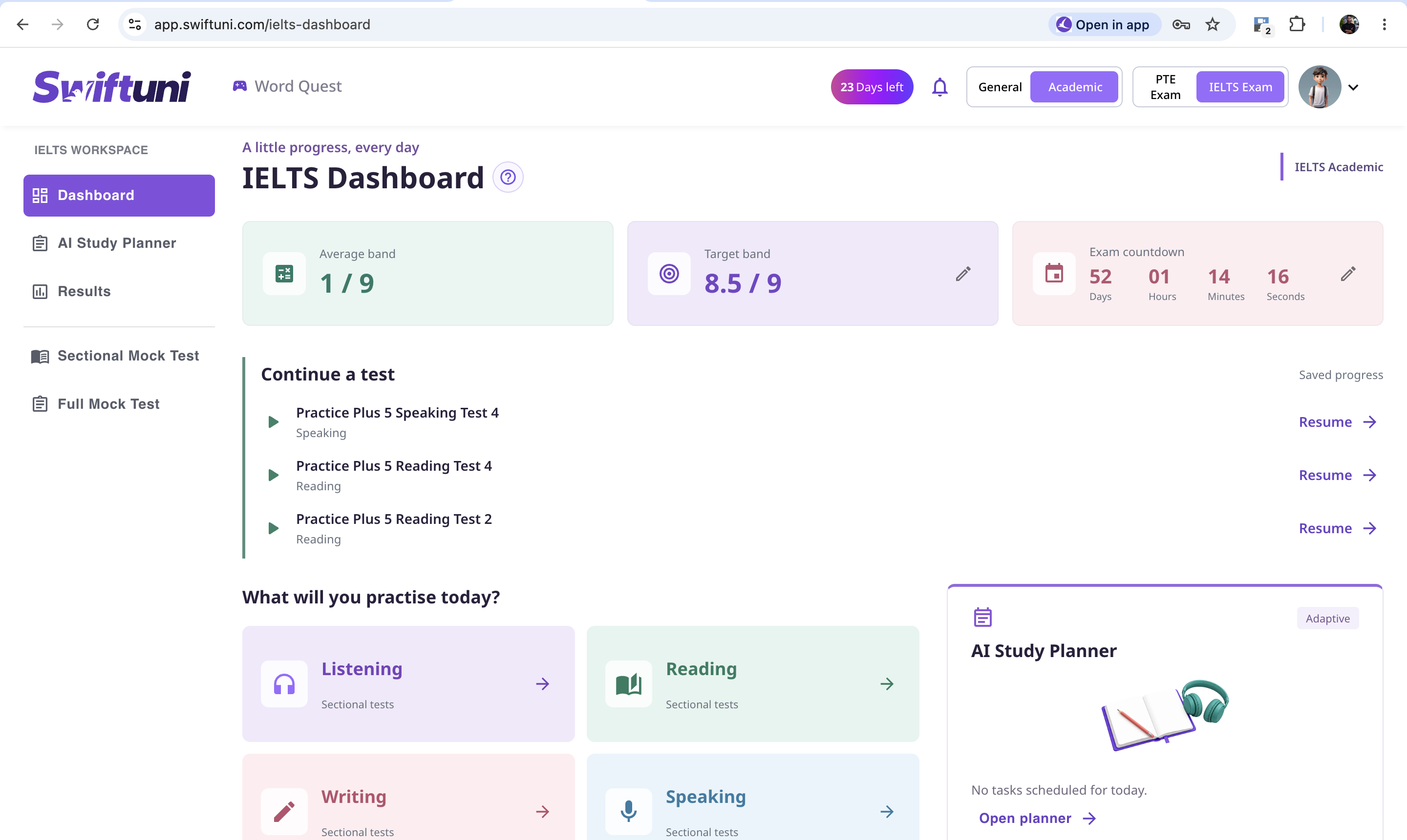 SwiftUni IELTS dashboard showing target band, exam countdown, saved tests and four-skill practice
