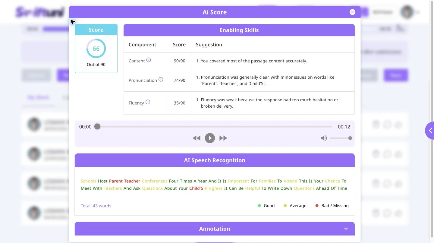 Real Read Aloud feedback with content, pronunciation and fluency suggestions, audio playback and highlighted speech recognition