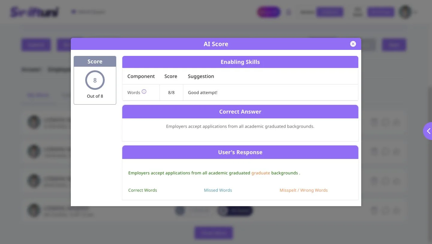 Existing Swiftuni dictation report showing answer comparison and correct, missed and wrong word categories