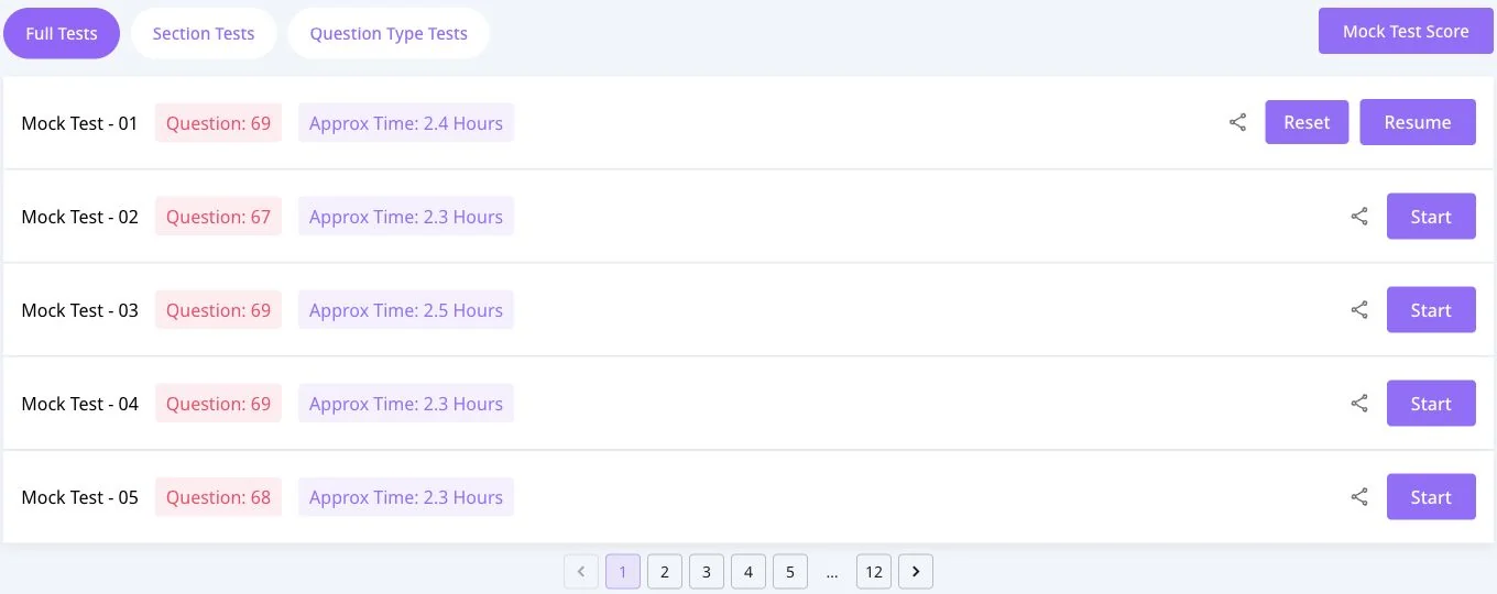 Swiftuni mock catalog showing Full Tests, Section Tests and Question Type Tests with start and resume controls
