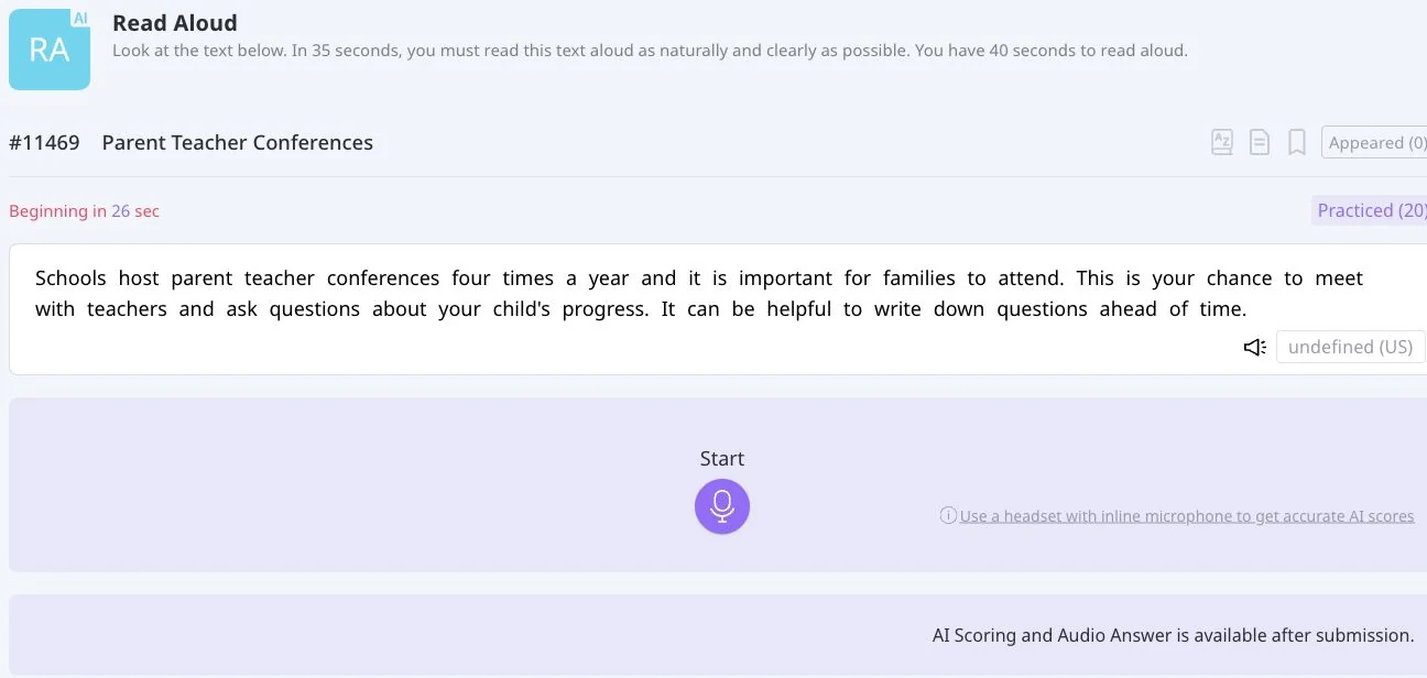 Actual Swiftuni Read Aloud task showing the passage, preparation countdown and microphone control