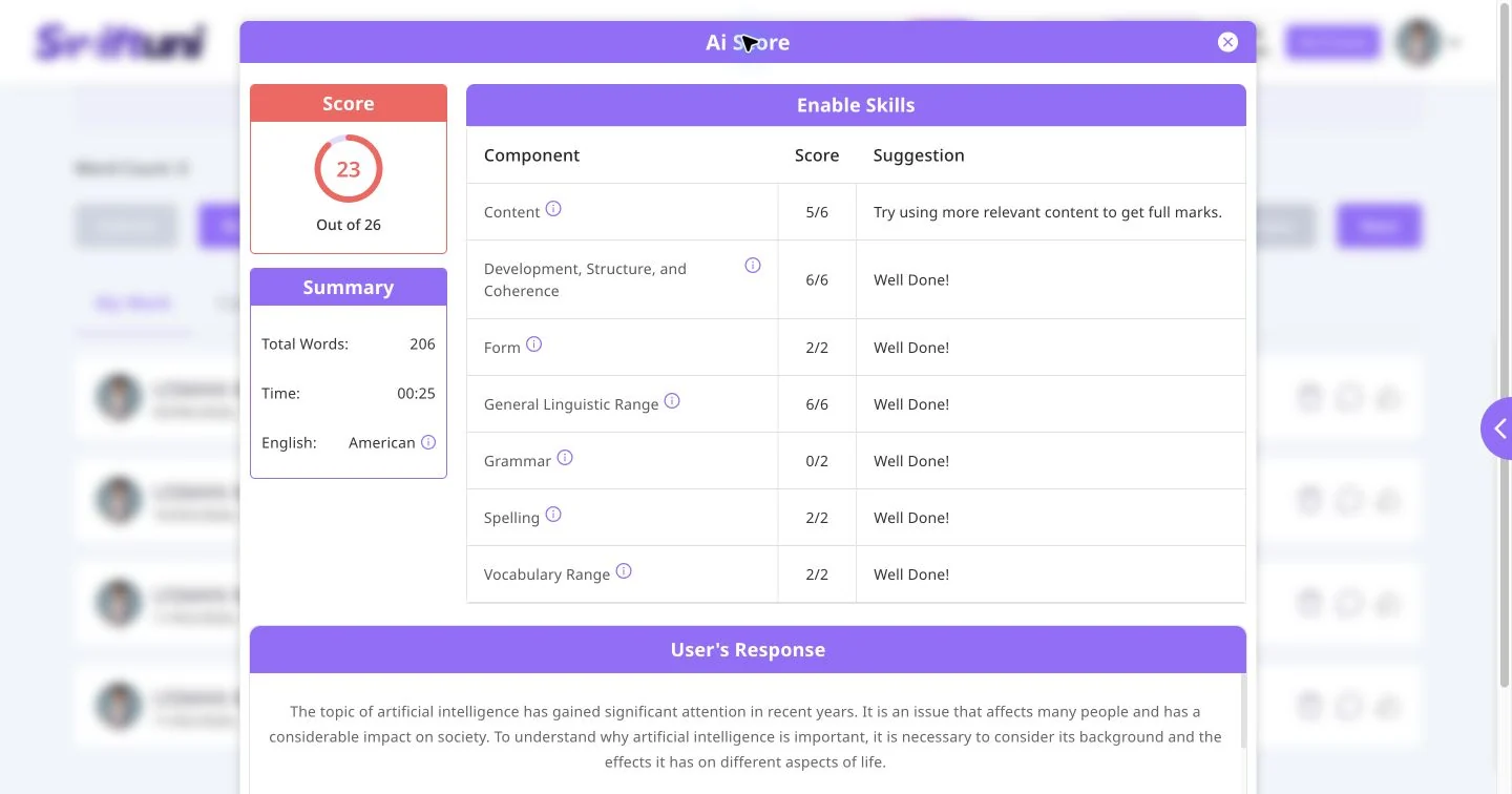 Existing Swiftuni essay feedback with content, structure, form, linguistic range, grammar, spelling and vocabulary criteria, alongside the written response